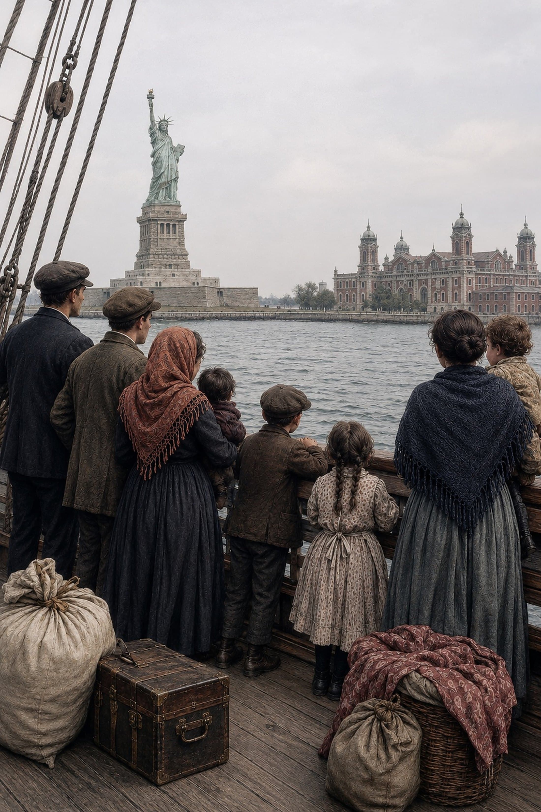 Her family at the rail of the ship, the Statue of Liberty on one side and the Ellis Island hall on the other, their trunk and bags at their feet.